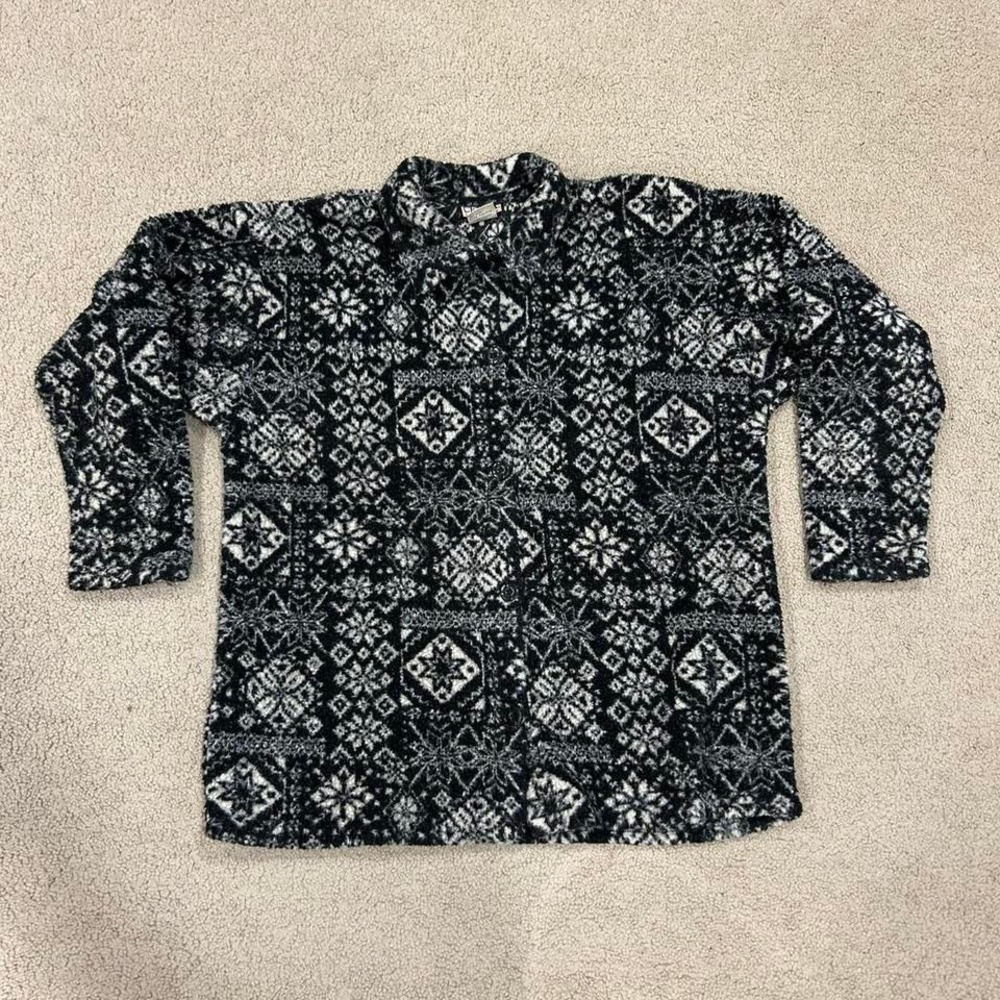 Vtg Fair Isle black Coat Cenza Palmettos Button Sherpa Snowflake large